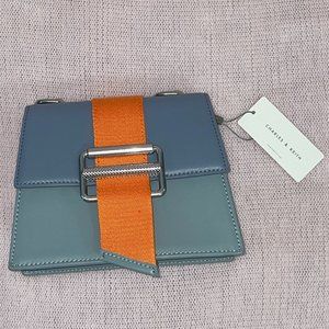 Charles&Keith Wren Acrylic Chain Handle Trapeze Bag - Denim Blue w/ Orange Stra